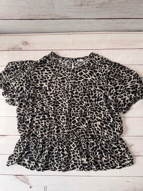 Cato 22/24W Leopard Print Peplum Top Puff Sleeve Plus Size Animal Print Blouse